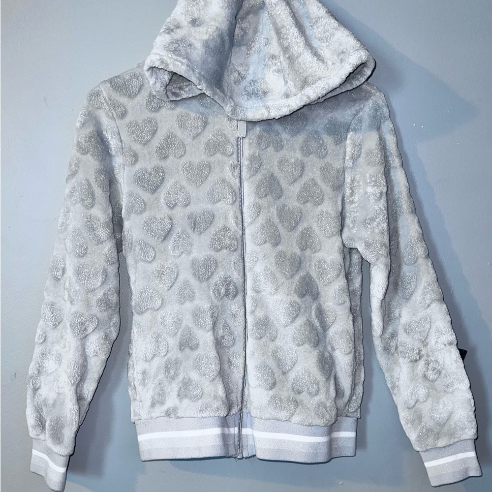 Grey embellished heart jacket with grey and white stripes on the sleeve
